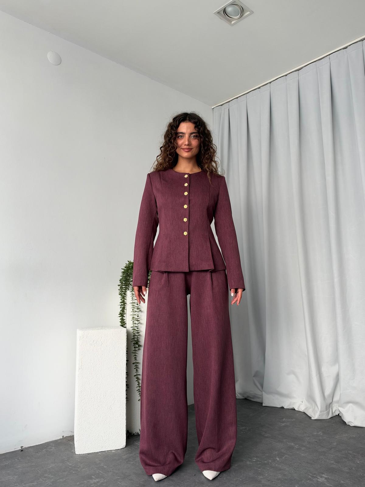Bordo Yün Efekt Düğmeli Takım