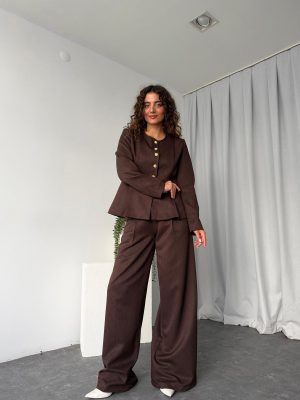 Kahve Yün Efekt Düğmeli Takım